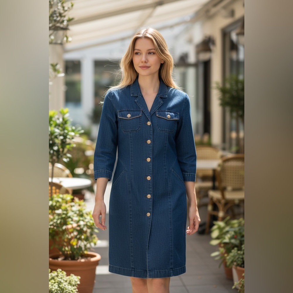 #257 Roberta di Camerino Denim Blue Long Sleeve Button-up Pencil-cut Dress